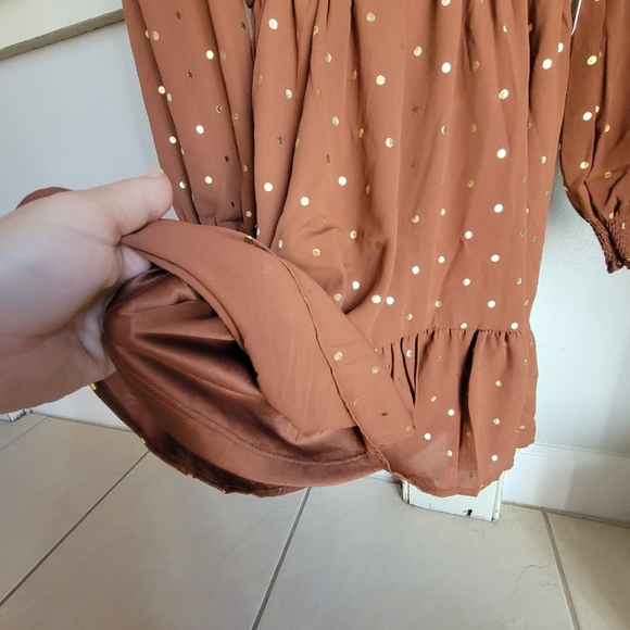 NWT SWEET WANDERER  Brown and Gold Polka Bohemian Dress - Picture 9 of 14
